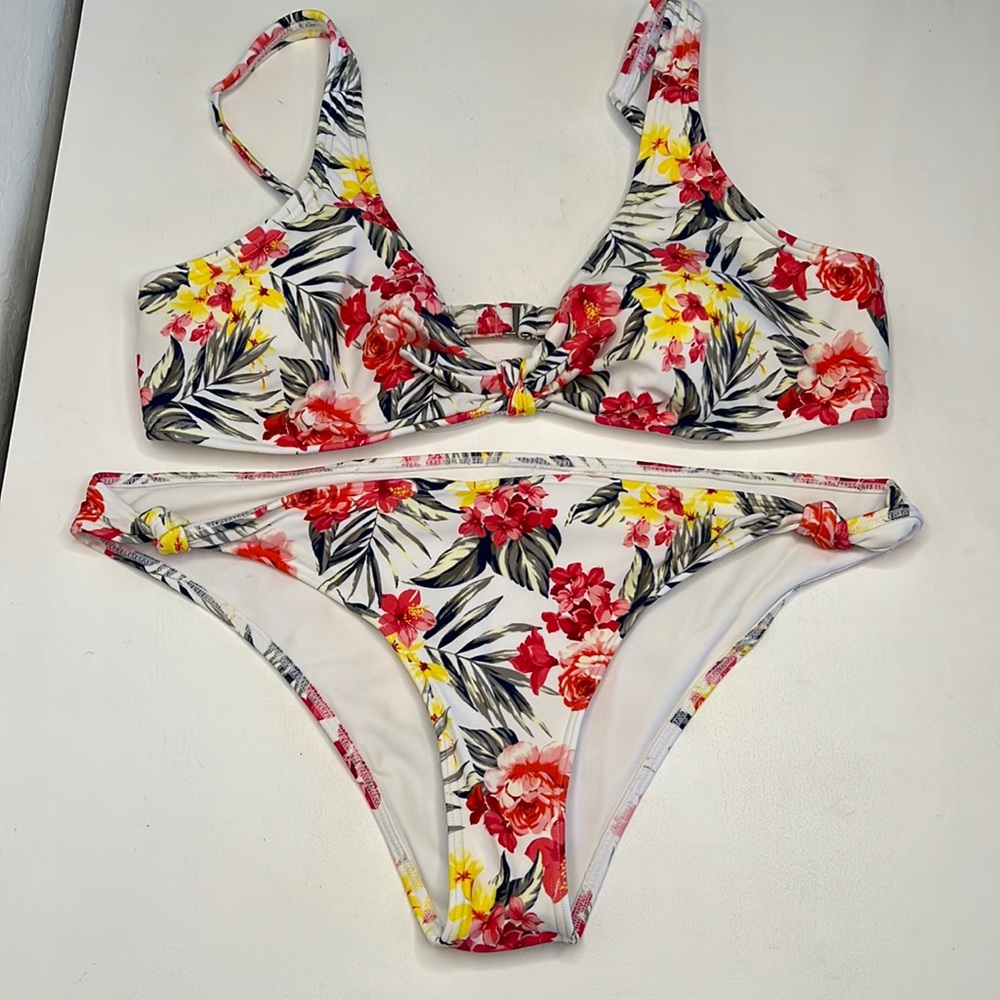A&F floral print white red yellow green bikini set size XL